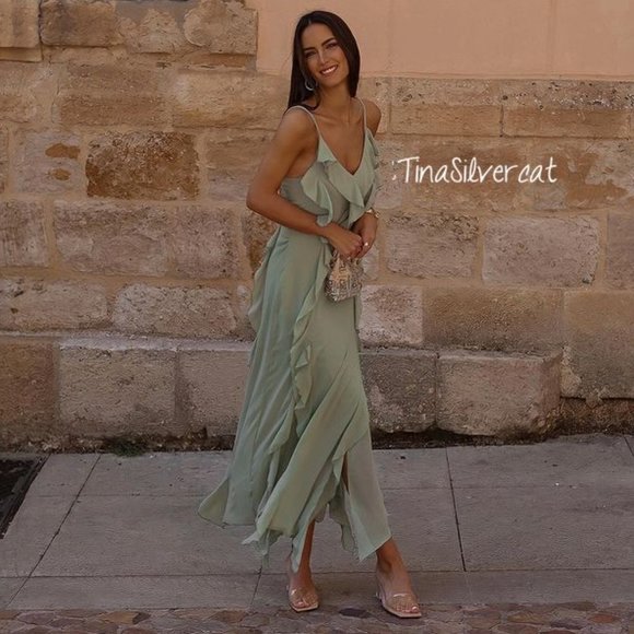 BLOGGER'S FAVE! Zara Long Ruffled Dress Sea Green NWT - Picture 4 of 17